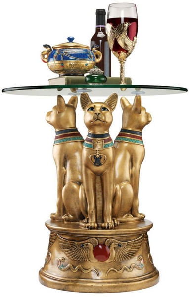 Royal Golden Bastet Cats Egyptian Side Table Decorative Statuary Art